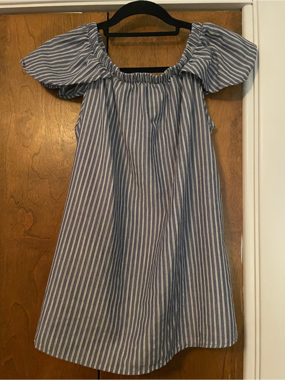 mts Blue and White Striped Off-Shoulder Dress